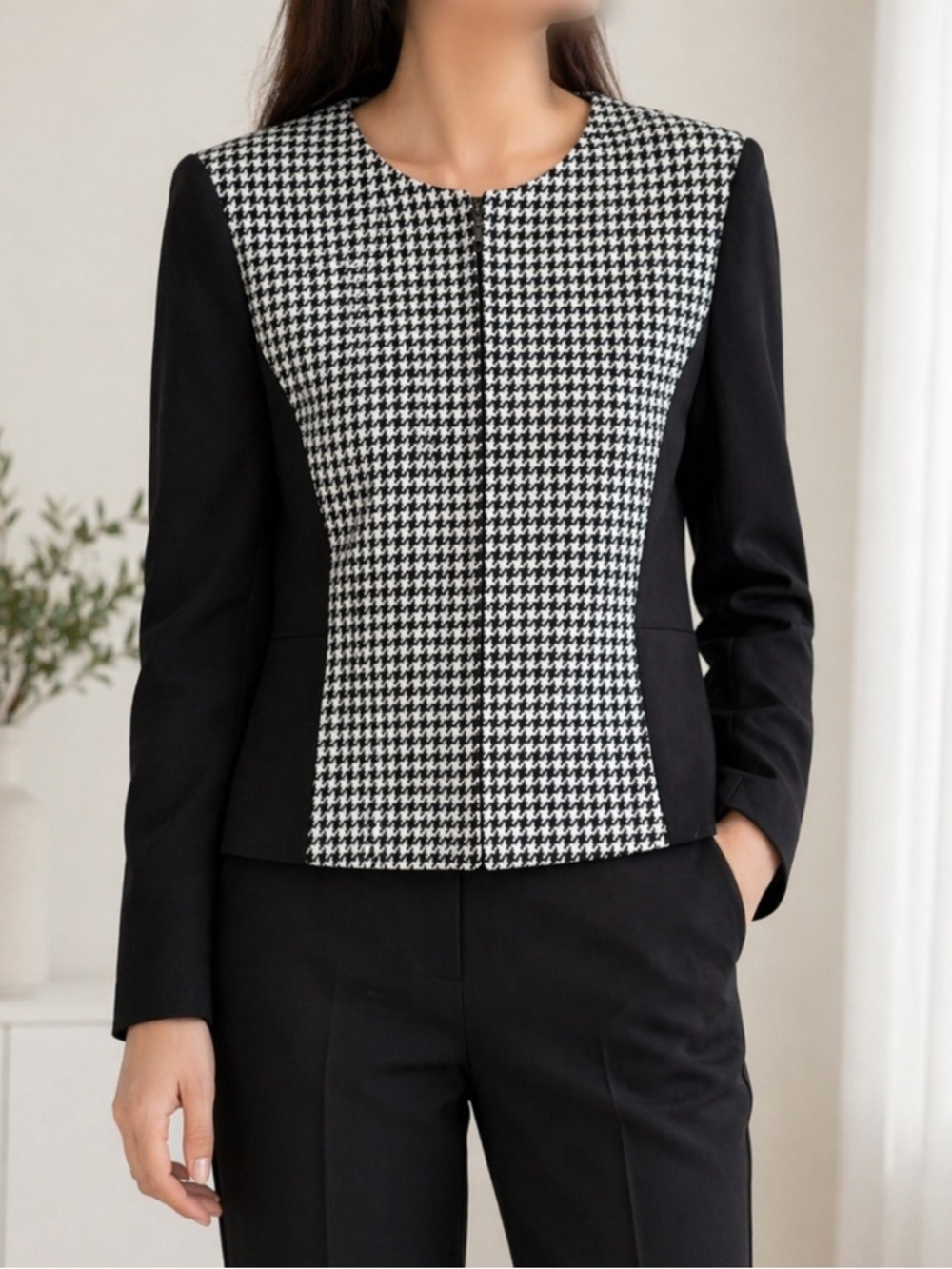 Tahari Arthur S. Levine Houndstooth Jacket Blazer Black White Zip Front 12 NWT